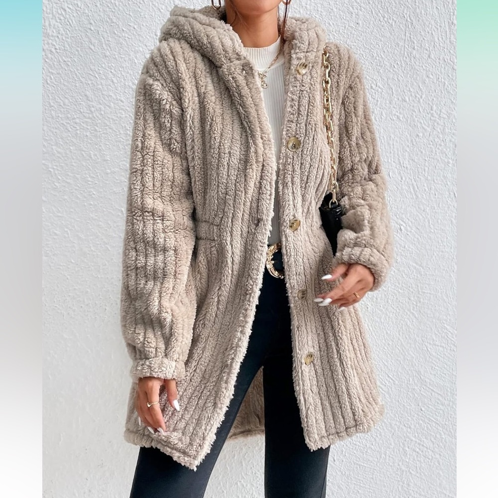 Cozy teddy Button Front Hooded Coat Jackets color Khaki - Picture 4 of 8